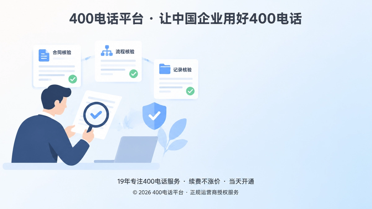 企业核验400电话服务证据链与平台交付流程的扁平插画